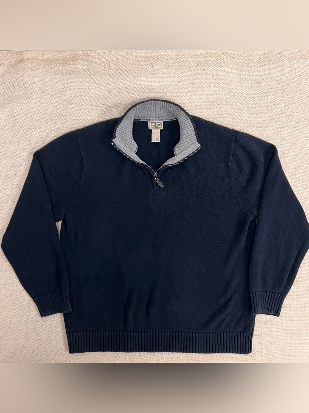 L.L.Bean Men's XL Navy Cotton Quarter Zip Sweater Gray Collar Heavyweight Knit
